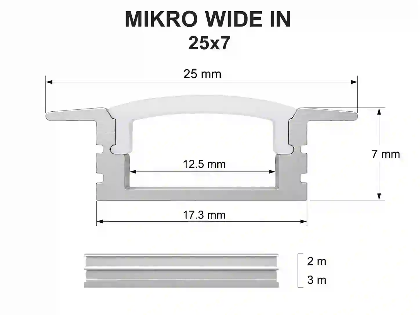 Pohled zepředu na profil MIKRO WIDE IN přesah 25mm zakrývá výřez stříbrný hliník délky 2m 3m